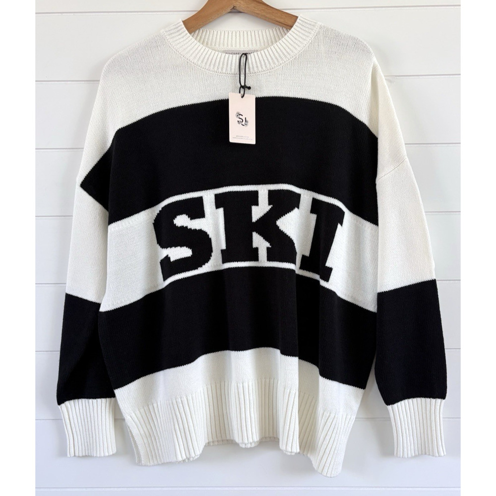 SKI Spellout Graphic Sweater Oversized Colorblock Black Cream Sincerely Jules M